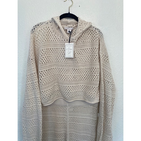 NWT Sincerely Jules Sweater Hoodie & Flare Pants Crochet Set Women's XL Beige - Picture 2 of 8